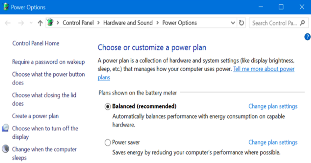 Windows power options