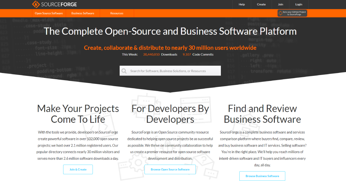 SourceForge landing page